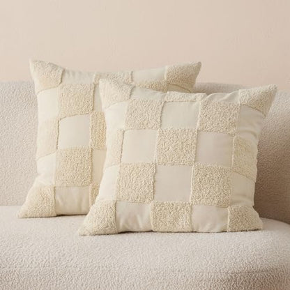 Double Stitch 100% Cotton Tufted Boho Checkered Throw Pillow Covers, Beige - color: Beige, size: 20" x 20" (Pack of 2)