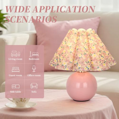 Pink Ceramic Small Table Lamp for Small Space, Cute Bedside Lamps Nightstand Mini Lamps, Scalloped Shade Lamp for Kitchen Counter, Bookshelf, Kids Dorm - color: Pink