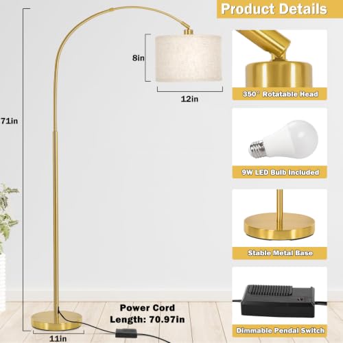Gold Arc Floor Lamp with Dimmer, Dimmable Floor Lamp with Adjustable Head - color: Gold