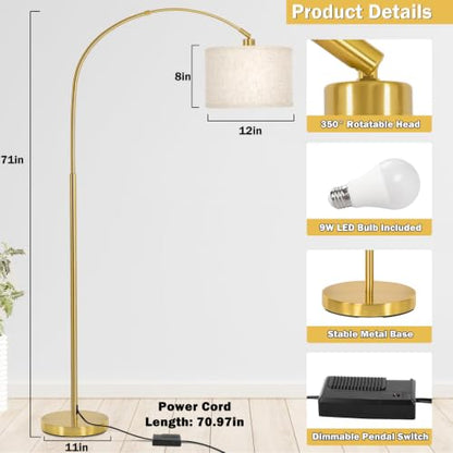 Gold Arc Floor Lamp with Dimmer, Dimmable Floor Lamp with Adjustable Head - color: Gold