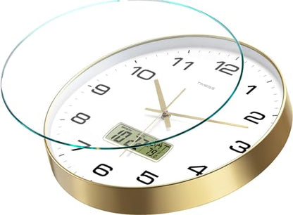 TIMESS 13-Inch Non-Ticking Analog Wall Clock with LCD Display, Gold - color: Gold, size: 13 Inch