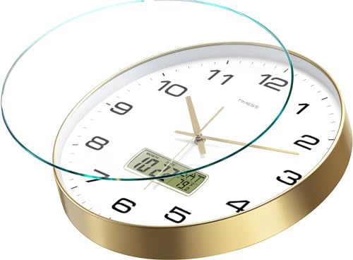 TIMESS Wall Clock, 12" Dial Non-Ticking Silent Battery Operated Analog with LCD Display for Perpetual Calendar and F° Temperature, Ideal Modern Home, Bedroom, Kitchen, Office Decor (Gold) - color: Gold, size: 12 Inch