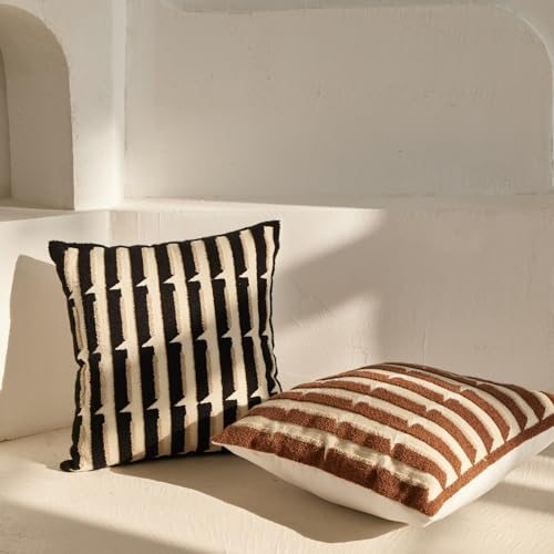 Black Cream Modern Strip Tufted Throw Pillow Covers，Neutral Textured Minimalism Chunky Pillowcases,Bohemian Mid Century Geometric Sham for Couch,1PC,18x18 Inch