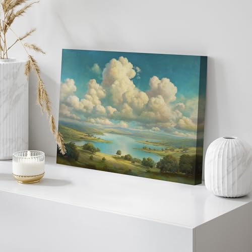 wall26 Canvas Print Wall Art Sunny Lake and Rolling Hills Bright Blue Sky and Fluffy Clouds Landscape Digital Art Realism Rustic Scenic Nature Photography for Living Room, Bedroom, Office - 12"x18" - color: A25-2605-M18, size: 18"L x 12"W
