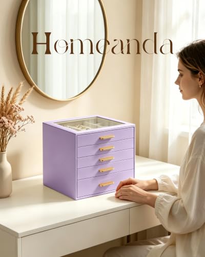 Homeanda Jewelry Boxes Organizer with Glass Lid, 5-Layer PU Leather, Purple - color: Lavender Purple, size: 5 Layer