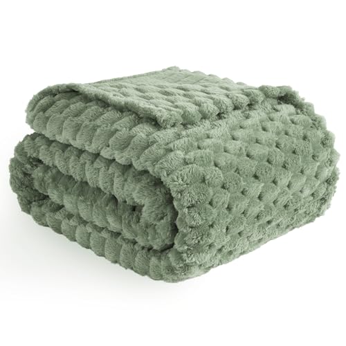 Vessia Flannel Fleece Throw Blanket, 3D Jacquard Sage Green Fuzzy and Warm Blanket for Couch, Sofa, Bed, 300GSM Super Soft Touch Cozy Home Decor for All Seasons (50x70 inches) - color: Sage Green, size: 50×70inch