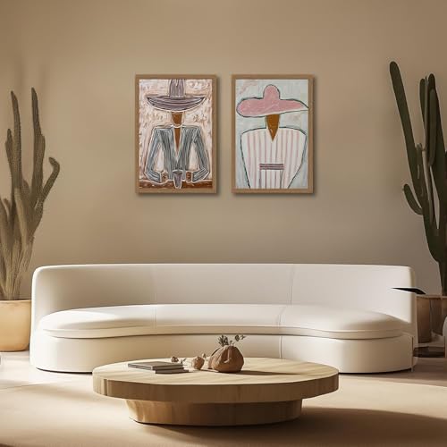 Boho Western Cowboy Hat Figure Wall Art Set of 2, Framed Canvas Prints - color: Abstractcouple, size: 12x16 Inch