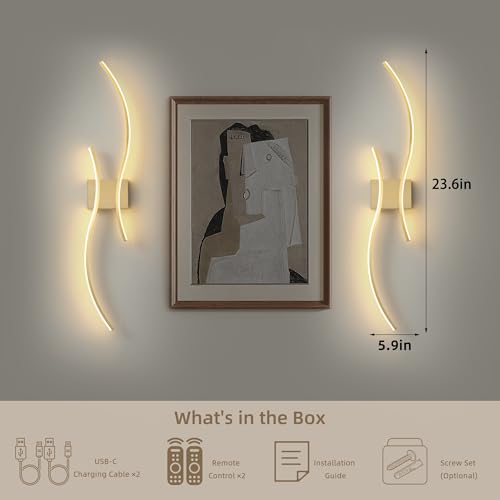 Wireless Wall Sconces Set of Two, Dimmable, 3CCT, Up to 65H Runtime - color: Brushed Brass, size: 23.6 inches (2 Pack)