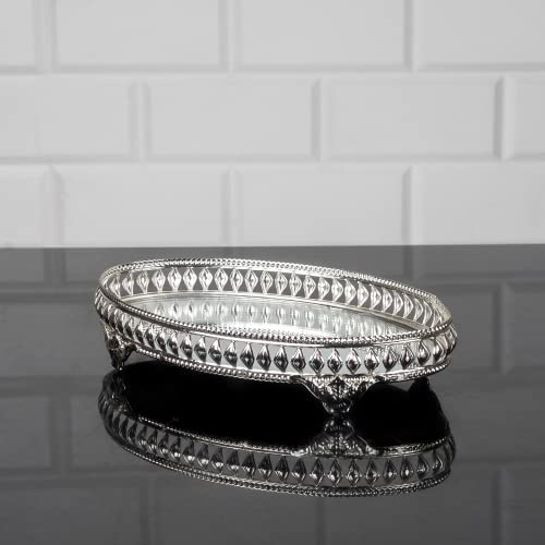 Handmade Jewelry Tray Mirror, Filigree Mirrored Tray for Gift, Oval Metal Vanity Trays for Dressing Table, Fancy Mirror Tray for Perfume (Silver)