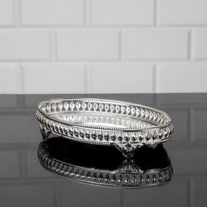 Handmade Jewelry Tray Mirror, Filigree Mirrored Tray for Gift, Oval Metal Vanity Trays for Dressing Table, Fancy Mirror Tray for Perfume (Silver)