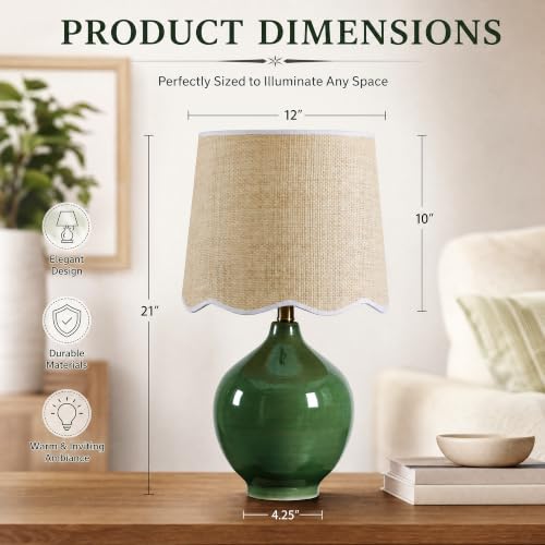 21"H Olive Green Ceramic Table Lamp with Beige Faux Rattan Drum Shade - color: Olive Green