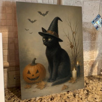 Halloween Wall Art Decor Black Cat Witch Pumpkin Canvas Print Framed - color: C