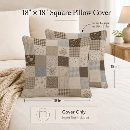 Neutral Farmhouse Floral Patchwork Throw Pillow Cover 18x18 - color: Chocolate
