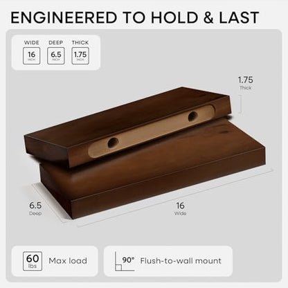 Homeforia 16 Inch Floating Shelves, High-End Solid Pine Wood, Set of 2 - color: American Walnut - Satin Dark Tone, size: 16 inch