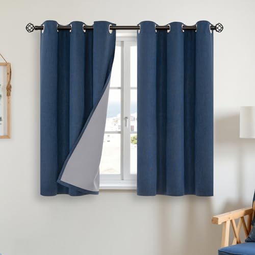 YoungsTex Navy Blue Linen Blackout Curtains 40 Inches Long for Bedroom, Short Thermal Insulated Drapes with Grommet Privacy for Living Room Windows, 2 Panels, 42 X 40 Inch - color: Navy, size: 42"W x 40"L (Pack of 2)