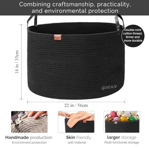 Cotton Rope Woven Laundry Basket 22"X 22"X 14" with handles (Pure Blk) XXXL - color: Pure black