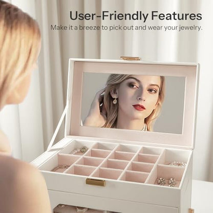 HOOBRO Jewelry Box with Mirror, Travel Jewelry Organizer with Glass Window - color: White + Gold