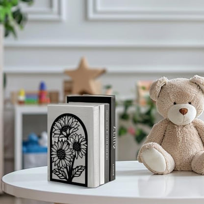 Peacoblue 5.3"x4.3"x7.9" Metal Bookends, Heavy Duty Book Ends for Shelves - style: Sunflowers
