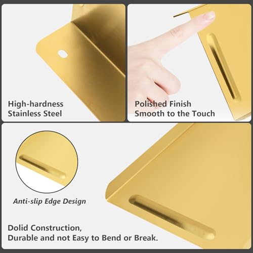 SMILECAT 7inch Small Floating Book Shelves for Wall Storage Set of 2.Wall Mounted Command Shelf for Bathroom,Bedroom,Living Room, Mini Tiny Display Hanging Shelves for Storage/Perfume/Room Decor.Gold