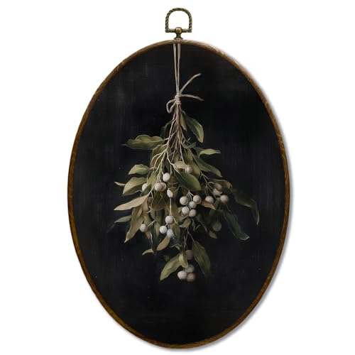 JQF Moody Mistletoe Christmas Oval Wall Art, Vintage Dark Academia Botanical Oval Canvas Wall Art, Rustic Cottagecore Floral Framed Prints Hanging Decor for Home Bedroom Living Room, 8.5x11.5 Inch - color: flower