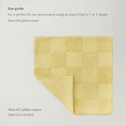Double Stitch 100% Cotton Boho Checkered Throw Pillow Covers, Lemon Yellow - color: Lemon Yellow, size: 20" x 20" (Pack of 2)