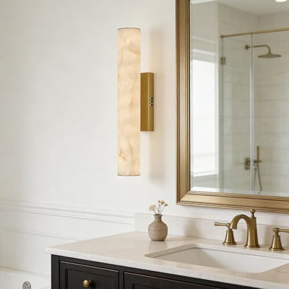 Alabaster Wall Sconce, 20in Linear Gold Brass Wall Sconces, Luxury Marble Look Bathroom Vanity Light, 3000K Dimmable Hardwired Wall Lamp for Living Room Bedroom Hallway, 1 Pack, Faux Alabaster - color: Gold-20in-1pcs