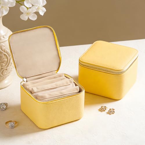 Travel Jewelry Case with 6 Velvet Zipped Pouches Bags, Yellow - color: Yellow - 6 Pouch