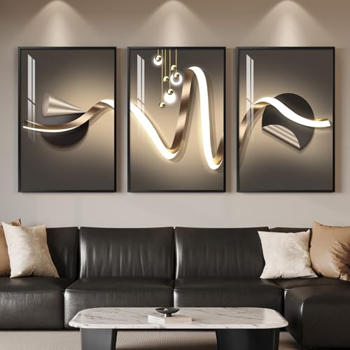 Large Framed Modern Luxury Black and Gold Abstract Wall Art, 24x36 In - color: Luxe Curve Collection, size: 24" W x 36" H x 3 pieces