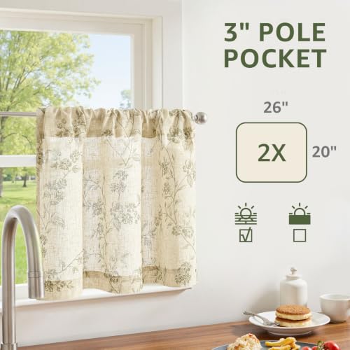 jinchan Floral Linen Kitchen Tier Curtains, 20 Inch, 2 Panels, Green - color: Alisa Green, size: 26"W x 20"L (Pack of 2)
