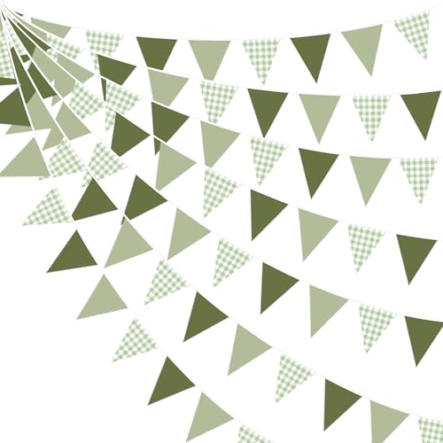 32Ft Sage Green Party Decorations Sage Gingham Banner Olive Green Buffalo Plaid Checkered Triangle Flag Pennant Fabric Garland Streamers for Birthday Wedding Camping Picnic Golf Party Decorations - color: Olive Green Checkered