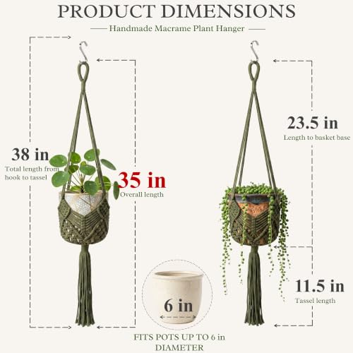 Boho Macrame Plant Hanger with Hooks, Rope Hanging Baskets for Plants - color: Green 2pack Pots Not Included