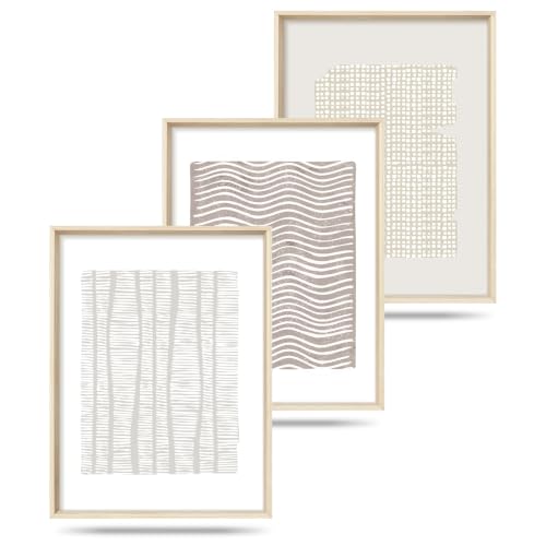Aryroi Beige White Abstract Neutral Framed Canvas Wall Art Set- 12"x16"x3 - color: Boho Geometry Line Wall Art - White Oak Framed, size: 12"L x 16"W