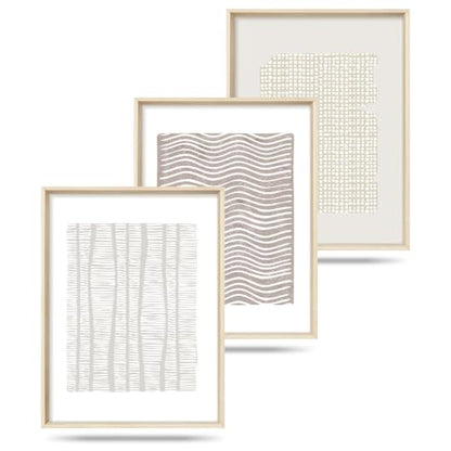 Aryroi Beige White Abstract Neutral Framed Canvas Wall Art Set- 12"x16"x3 - color: Boho Geometry Line Wall Art - White Oak Framed, size: 12"L x 16"W