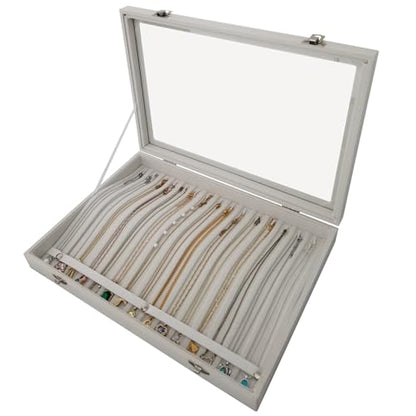 15-Hook Anti-Tangle Necklace Organizer Box with Divided Slots - color: Beige-15 necklaces