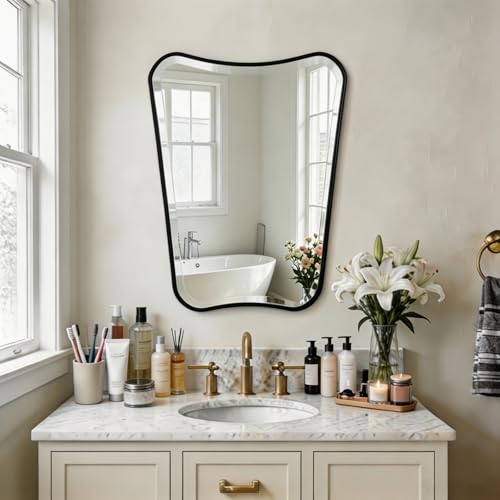 POZINO 30"x22" Irregular Beveled Bathroom Mirror for Over Sink - color: Black Irregular, size: 30"L x 22"W