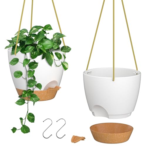 ZMTECH 8 Inch Hanging Planters for Indoor Outdoor Plants, 2 Pack Self Watering Hanging Plant Pots with Drainage Holes and Removable Saucer, Plastic Flower Hanging Pots with Watering Lip (White) - color: White, size: 8 Inch