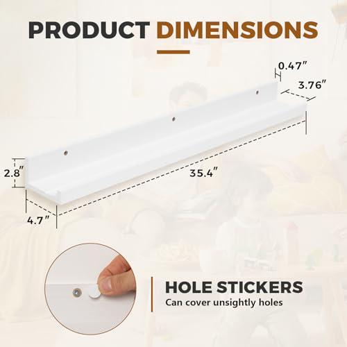 Muzilife 35.4" Large Floating Shelves Wood Wall Shelf with Lip, 2Pcs, White - color: White, size: 35.4"