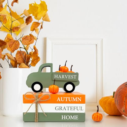 Fall Decorations for Home Indoor, Thanksgiving Wooden Farmhouse Harvest Decor Signs with Book Stack, 3D Truck, 5 Pumpkins for Office Table Tiered Tray, Autumn Centerpiece Gifts for Bedroom Desk - style: Wooden Truck