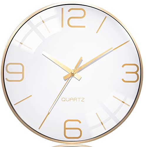 AYRELY® 12 Inch Silent Modern Wall Clocks Battery Operated, Wall Clock for Living Room Décor,Gold Metal Frame Clock Decorative for Bedroom,Kitchen,Office - color: White