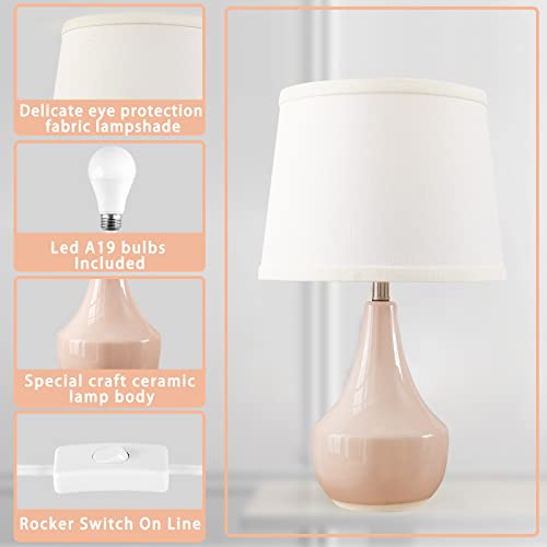 GyroVu 18" Table Lamp Set of 2, Ceramic Lamp Classic Beside Lamps Nightstand Lamp Modern Bedside Lamp for Living Room, Bedroom & Office Rocker Switch Pink-LED Bulbs Included - color: 18.63" Pink