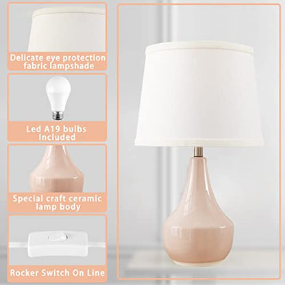 GyroVu 18" Table Lamp Set of 2, Ceramic Lamp Classic Beside Lamps Nightstand Lamp Modern Bedside Lamp for Living Room, Bedroom & Office Rocker Switch Pink-LED Bulbs Included - color: 18.63" Pink