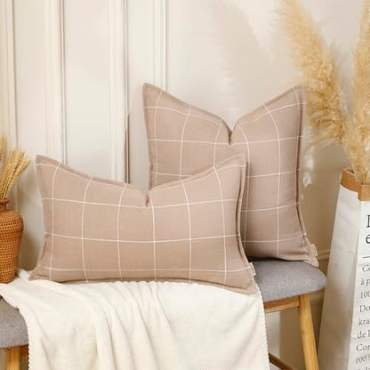 Pure Linen Plaid Throw Pillow Covers 18x18, Set of 2, Pink - color: Pink, size: 18x18inch