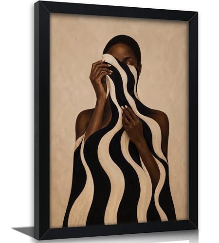 Framed Black Woman Portrait Wall Art, African American Canvas Print | Abstract Black Girl Picture Wall Decor, Fashion Woman Afrocentric Poster Artwork for Living Room Bedroom Home Decor - color: Striped Woman, size: 24"L x 16"W