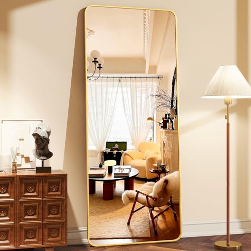 64"x21" Full Length Mirror, Full Body Rounded Corner Rectangle Mirrors with Stand, Standing or Leaning Metal Framed Floor Mirror, Wall Mounted Mirrors Hang Horizontally or Vertically, Gold - color: Gold, size: 64"L x 21"W