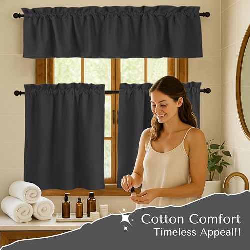 Native Fab 3 Pieces Window Curtain Tiers 26"x36" and Valance 54"x18" Set - Rod Pocket - Semi Sheer - Farmhouse Short Curtain for Kitchen, Bedroom, Bathroom - Grey - color: Grey