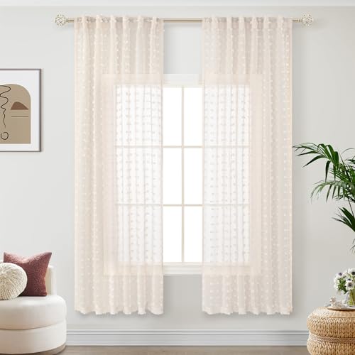 Beige Sheer Curtains 63 Inch Length for Bedroom Living Room Kids Nursery Window Pompom Design Country Rustic Farmhouse Boho Cute Semi Sheer Curtain Modern Elegant Back Tab 2 Panels 52x63 Light Beige - color: Beige, size: 52"W x 63"L (Pack of 2)