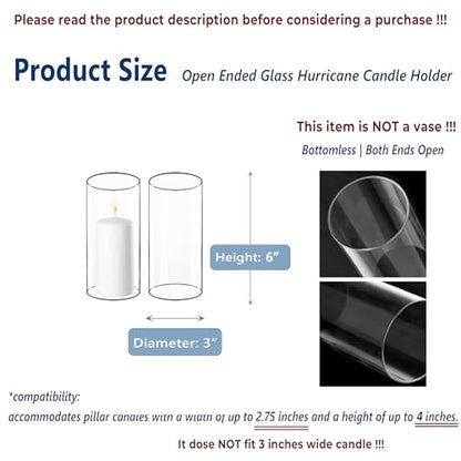 CYS EXCEL 6 PCS (H:6" D:3") Open Ended Glass Hurricane Candleholder Tube Shade | Multiple Size Choices Open Flame Candle Chimney Tube Cover | Bottomless Cylinder - size: 3" wide x 6" tall