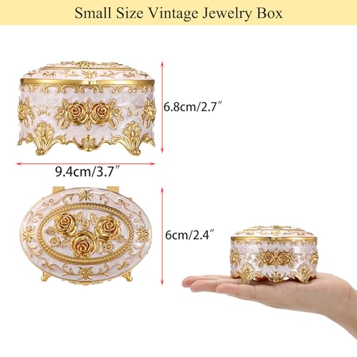Hipiwe Vintage Metal Jewelry Box - Oval Trinket Organizer Ring Box Case with Rose Pattern Jewelry Storage Box for Ring Earrings Necklace, Gift for Women (Pack of 2) - color: Beige, size: Small (Pack of 2)