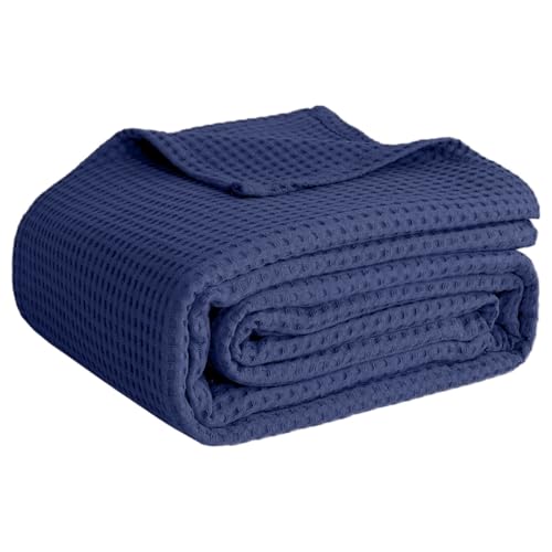 100% Cotton Blankets for Bed - Waffle Weave Blankets for Summer, Lightweight and Breathable Soft Woven Blanket for Spring (Navy, Queen (90" x 90")) - color: Navy, size: Queen (90" x 90")