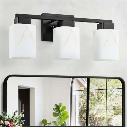3-Light Square Bathroom Light Fixture, Matte Black Modern Vanity Light with White Marble Glass Shade, for Bathroom Mirror, Living Room, Bedroom, Hallway, E26 Base - color: Matte Black, size: 3-Light